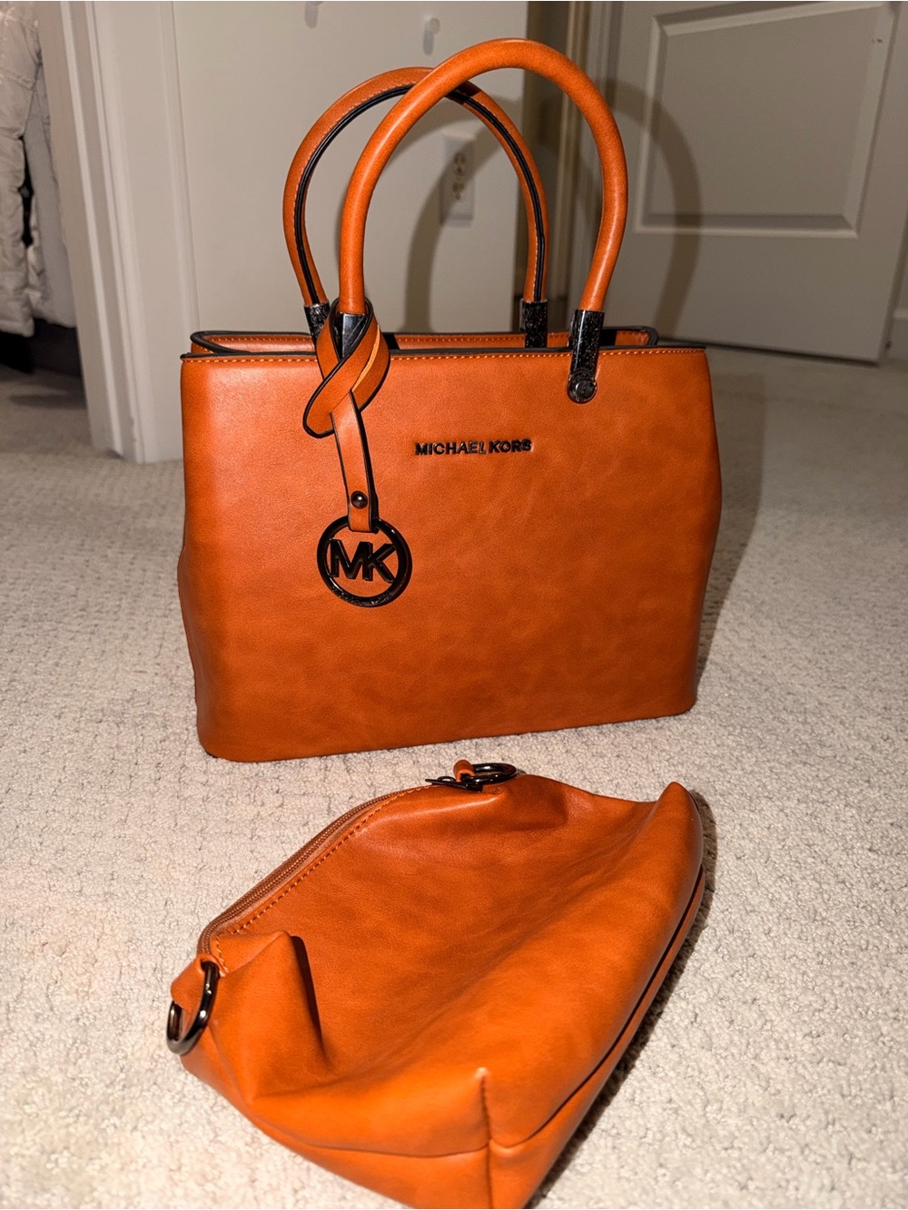 Michael Kors Orange-Brown Leather Tote with MK Charm and Matching Pouch
